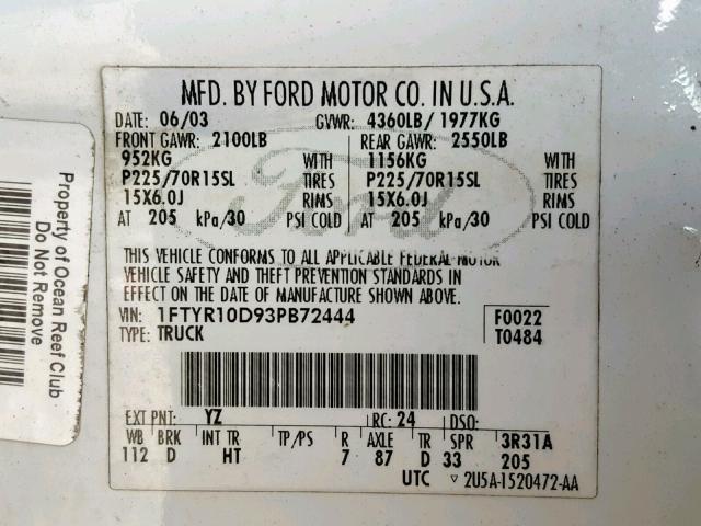 1FTYR10D93PB72444 - 2003 FORD RANGER WHITE photo 10