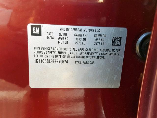 1G11C5SL9EF279574 - 2014 CHEVROLET MALIBU 1LT 栗色 照片 10