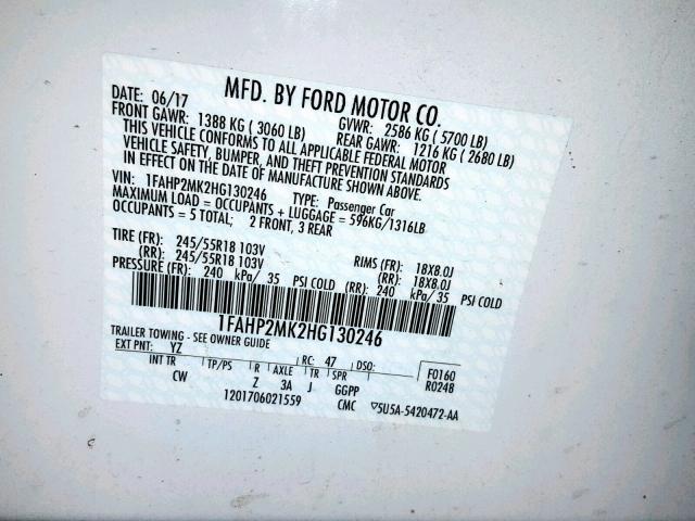 1FAHP2MK2HG130246 - 2017 FORD TAURUS POL WHITE photo 10