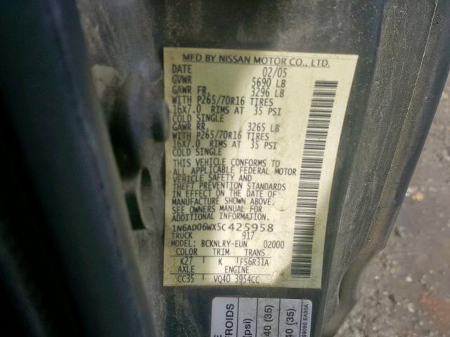 1N6AD06WX5C425958 - 2005 NISSAN FRONTIER K GRAY photo 10