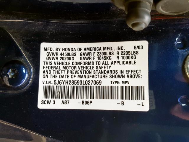 5J6YH28593L027069 - 2003 HONDA ELEMENT EX  photo 10