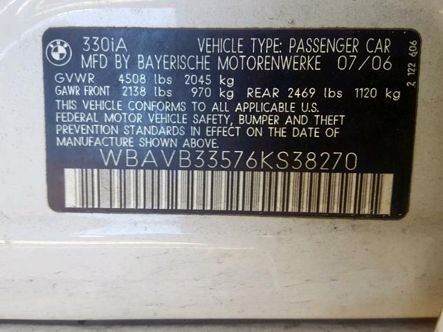 WBAVB33576KS38270 - 2006 BMW 330 I WHITE photo 10