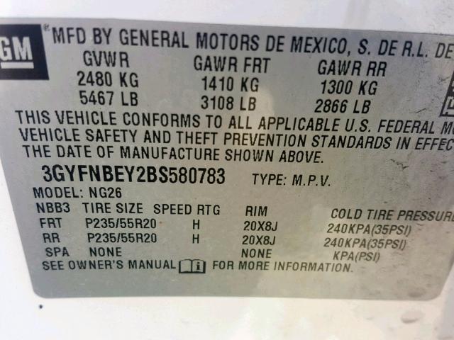 3GYFNBEY2BS580783 - 2011 CADILLAC SRX PERFOR WHITE photo 10