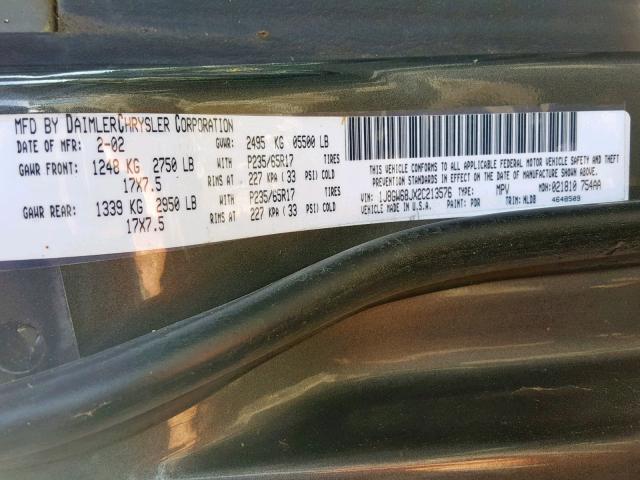 1J8GW68JX2C213576 - 2002 JEEP GRAND CHER GRAY photo 10