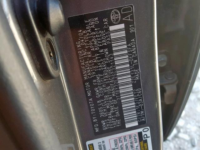 2T1BY32E25C321143 - 2005 TOYOTA COROLLA XR GRAY photo 10