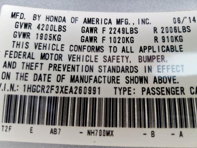 1HGCR2F3XEA260991 - 2014 HONDA ACCORD LX  photo 10