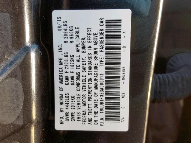 19UUB1F32GA000011 - 2016 ACURA TLX GRAY photo 10