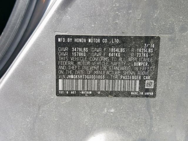 JHMGK5H73GX031055 - 2016 HONDA FIT EX SILVER photo 10