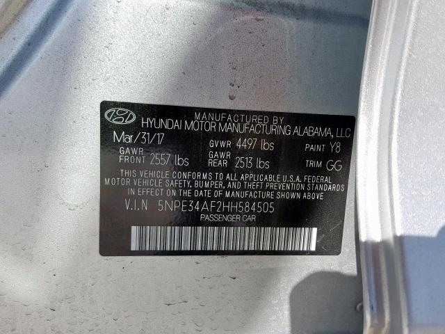 5NPE34AF2HH584505 - 2017 HYUNDAI SONATA SPO SILVER photo 10