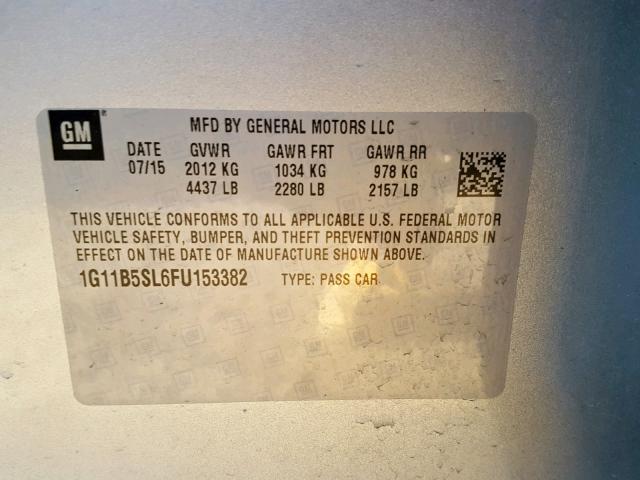 1G11B5SL6FU153382 - 2015 CHEVROLET MALIBU LS SILVER photo 10