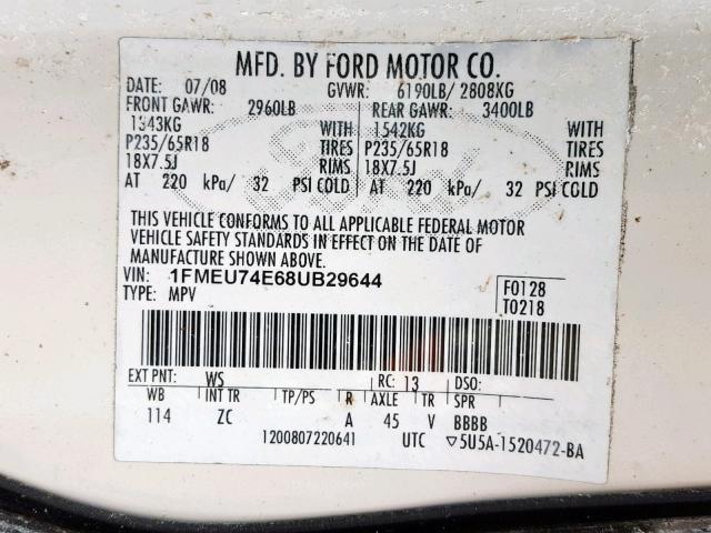 1FMEU74E68UB29644 - 2008 FORD EXPLORER E WHITE photo 10