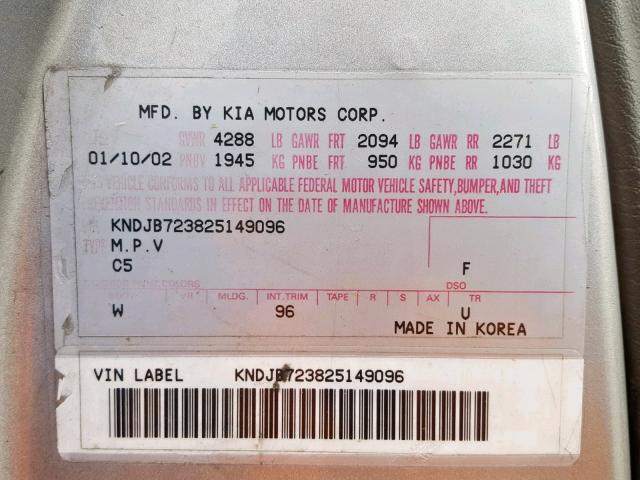 KNDJB723825149096 - 2002 KIA SPORTAGE SILVER photo 10