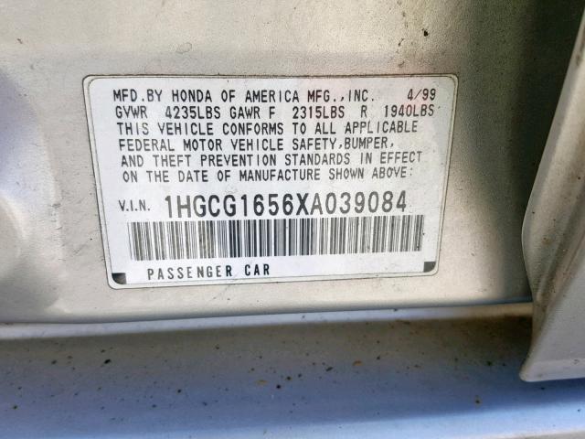 1HGCG1656XA039084 - 1999 HONDA ACCORD EX SILVER photo 10