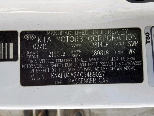 KNAFU4A24C5489027 - 2012 KIA FORTE EX WHITE photo 10