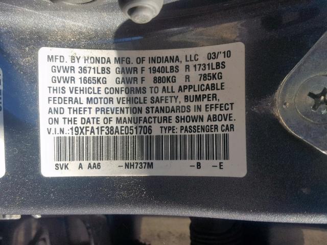 19XFA1F38AE051706 - 2010 HONDA CIVIC VP GRAY photo 10