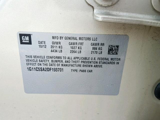1G11C5SA2DF193701 - 2013 CHEVROLET MALIBU 1LT 米色 照片 10