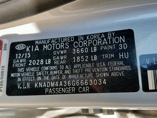 KNADM4A36G6663034 - 2016 KIA RIO LX SILVER photo 10