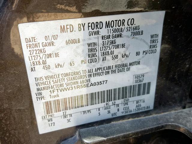 1FTWW31R58EA03577 - 2008 FORD F350 SRW S BLACK photo 10