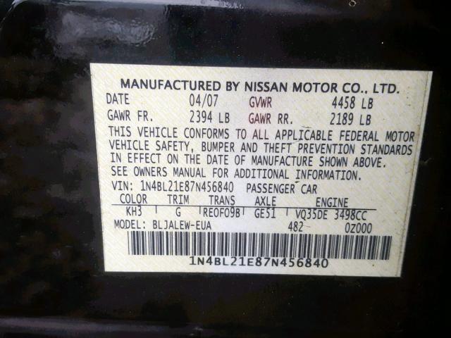 1N4BL21E87N456840 - 2007 NISSAN ALTIMA 3.5 BLACK photo 10