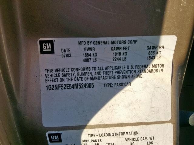 1G2NF52E54M524905 - 2004 PONTIAC GRAND AM S BEIGE photo 10