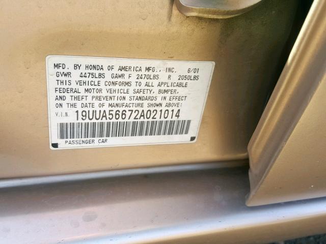 19UUA56672A021014 - 2002 ACURA 3.2TL GOLD photo 10