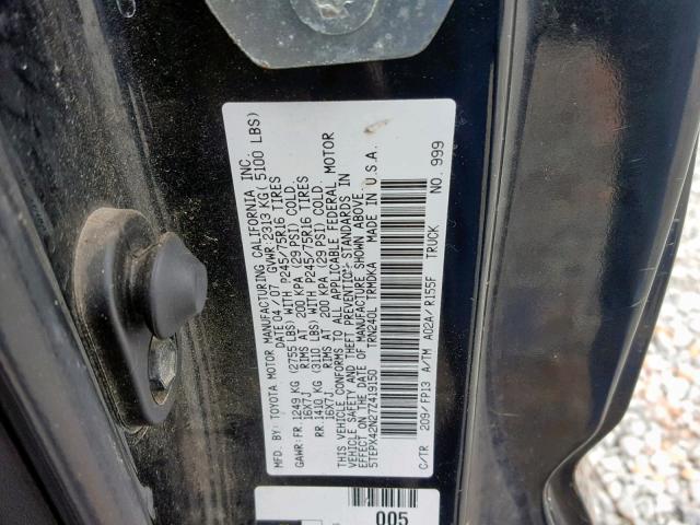 5TEPX42N27Z419150 - 2007 TOYOTA TACOMA BLACK photo 10