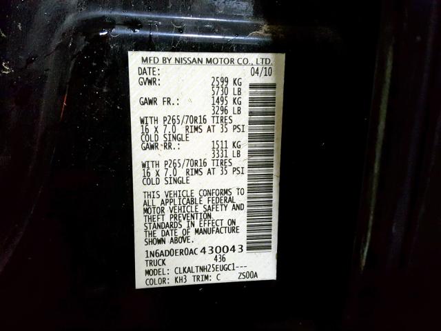 1N6AD0ER0AC430043 - 2010 NISSAN FRONTIER C BLACK photo 10