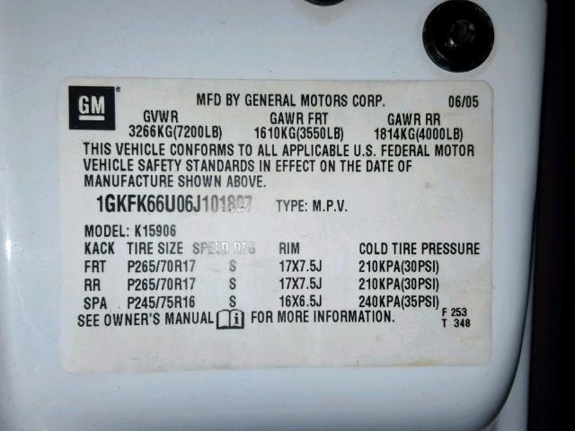 1GKFK66U06J101807 - 2006 GMC YUKON XL D WHITE photo 10