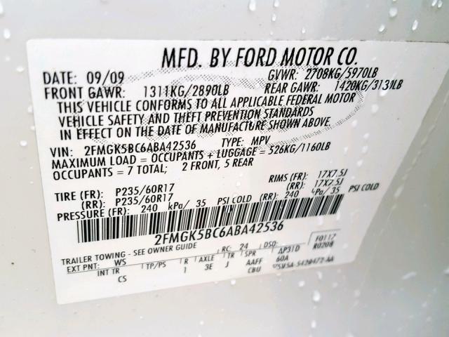 2FMGK5BC6ABA42536 - 2010 FORD FLEX SE WHITE photo 10