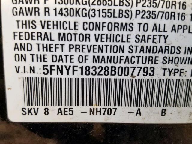 5FNYF18328B007793 - 2008 HONDA PILOT SE BLACK photo 10