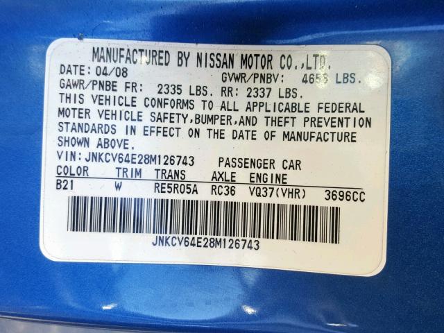 JNKCV64E28M126743 - 2008 INFINITI G37 BASE BLUE photo 10