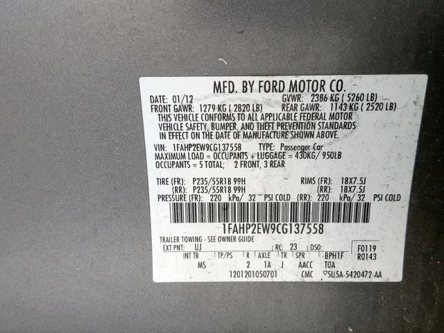 1FAHP2EW9CG137558 - 2012 FORD TAURUS SEL GRAY photo 10