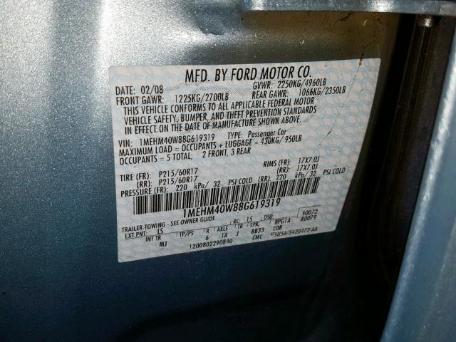 1MEHM40W88G619319 - 2008 MERCURY SABLE LUXU BLUE photo 10