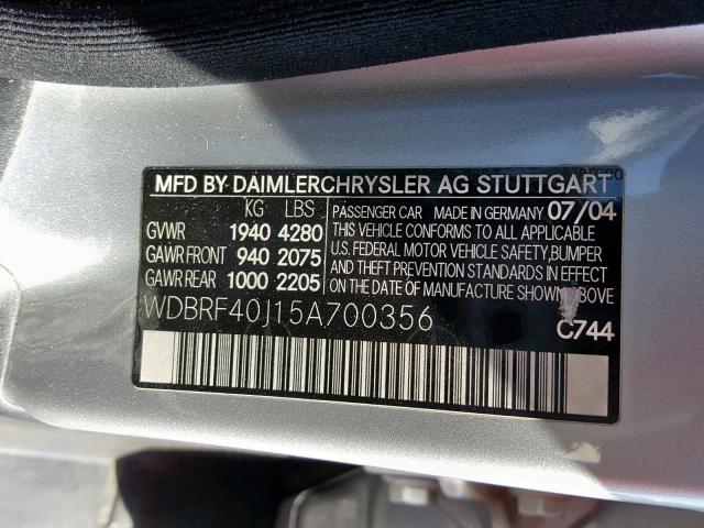 WDBRF40J15A700356 - 2005 MERCEDES-BENZ C 230K SPO GRAY photo 10