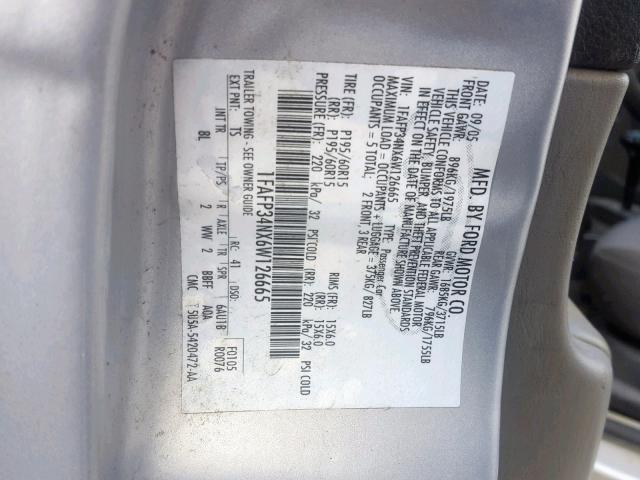 1FAFP34NX6W126665 - 2006 FORD FOCUS ZX4 GRAY photo 10