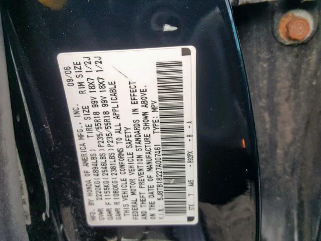 5J8TB18227A007461 - 2007 ACURA RDX BLACK photo 10