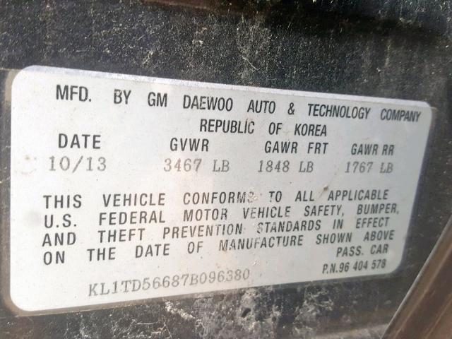 KL1TD56687B096380 - 2007 CHEVROLET AVEO BASE Қара фото 10