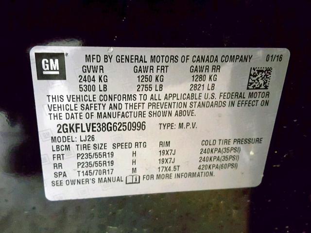 2GKFLVE38G6250996 - 2016 GMC TERRAIN DE BLACK photo 10