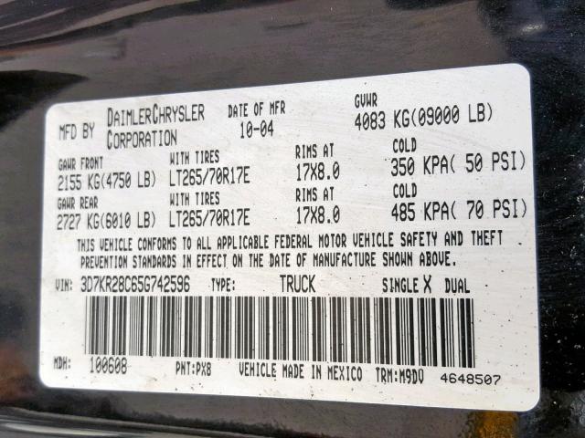 3D7KR28C65G742596 - 2005 DODGE RAM 2500 S BLACK photo 10