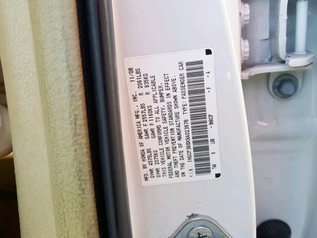 1HGCP368X9A023978 - 2009 HONDA ACCORD EXL WHITE photo 10