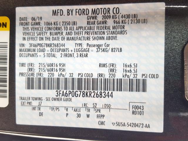 3FA6P0G78KR268344 - 2019 FORD FUSION S  photo 10