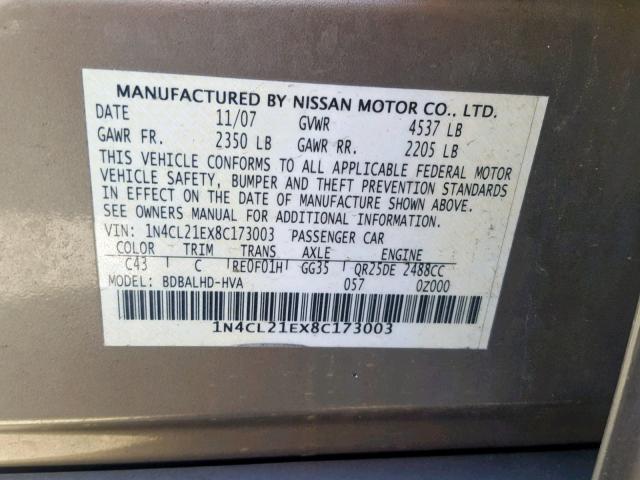 1N4CL21EX8C173003 - 2008 NISSAN ALTIMA HYB GRAY photo 10