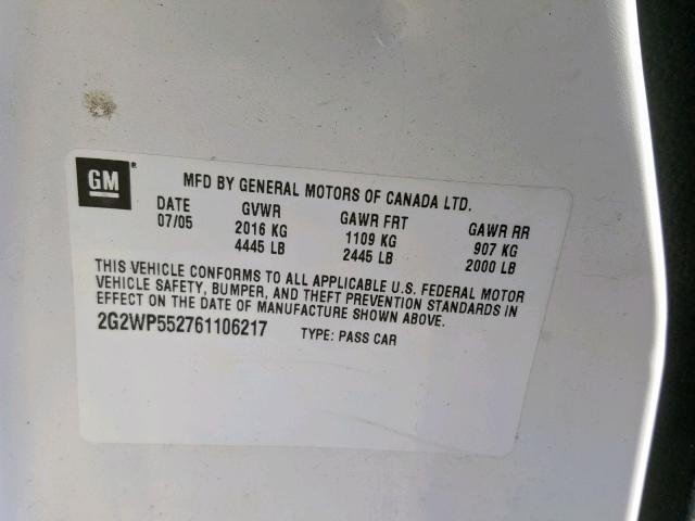 2G2WP552761106217 - 2006 PONTIAC GRAND PRIX WHITE photo 10