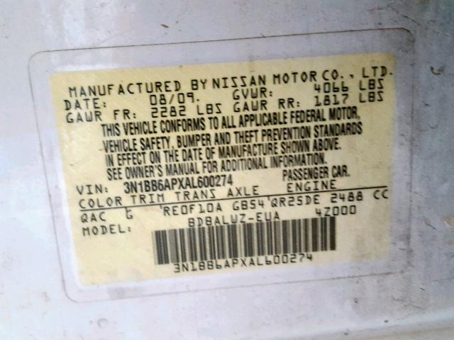 3N1BB6APXAL600274 - 2010 NISSAN SENTRA SE- WHITE photo 10