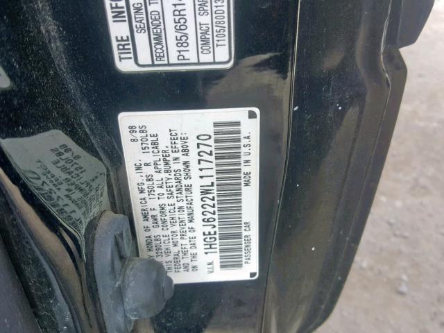 1HGEJ6222WL117270 - 1998 HONDA CIVIC DX BLACK photo 10