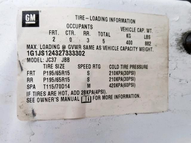 1G1JS124327333302 - 2002 CHEVROLET CAVALIER L WHITE photo 10