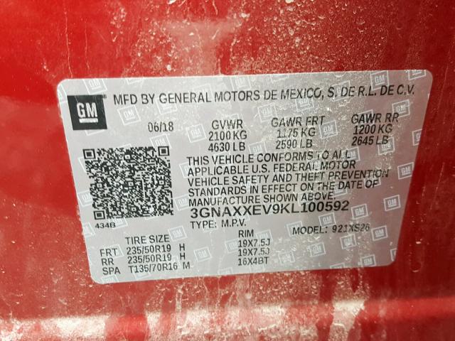 3GNAXXEV9KL100592 - 2019 CHEVROLET EQUINOX PR RED photo 10