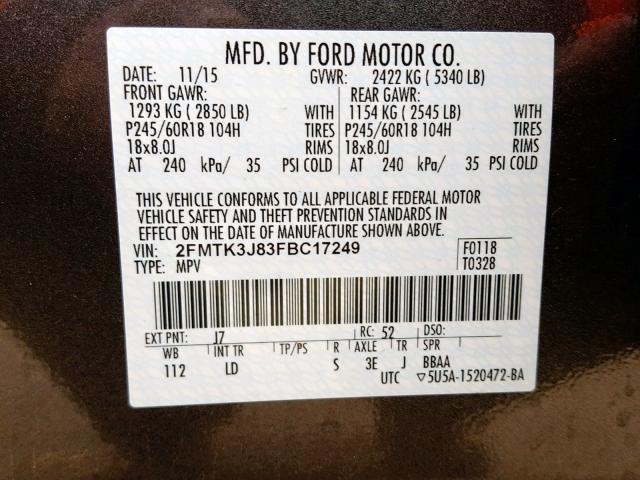 2FMTK3J83FBC17249 - 2015 FORD EDGE SEL GRAY photo 10