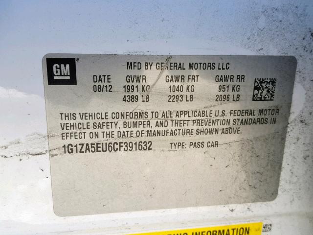 1G1ZA5EU6CF391632 - 2012 CHEVROLET MALIBU LS WHITE photo 10