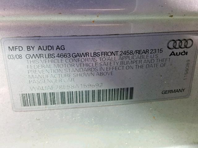WAUAF78E58A159692 - 2008 AUDI A4 2.0T SILVER photo 10